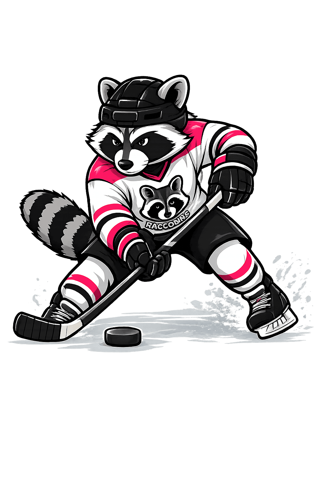 Maskot týmu Raccoons v dresu na ledě